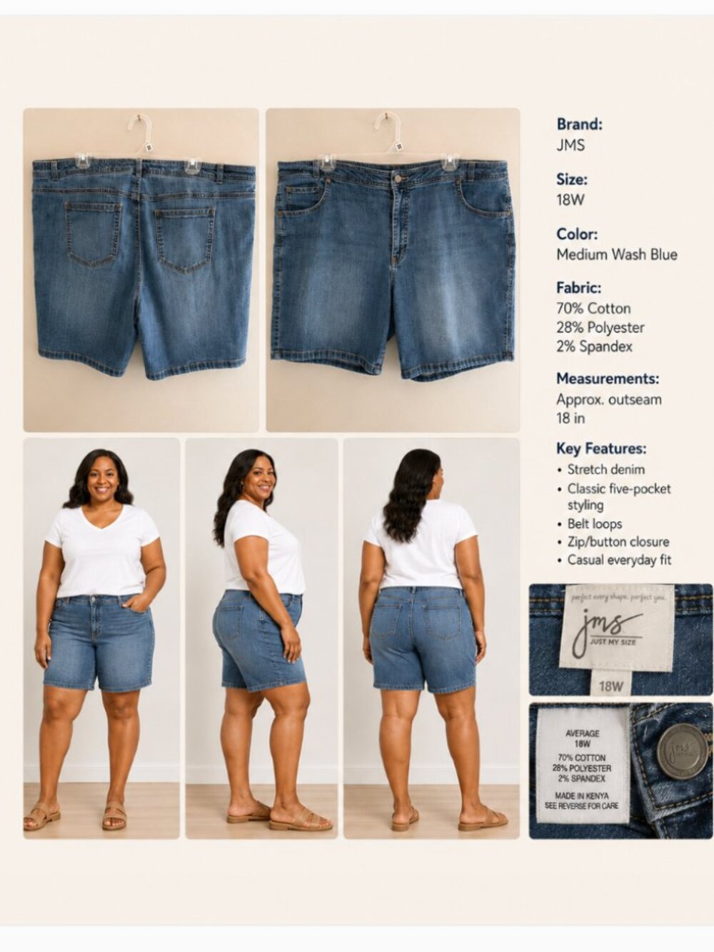 JMS Just My Size Medium Wash Stretch Denim Shorts Size 18W